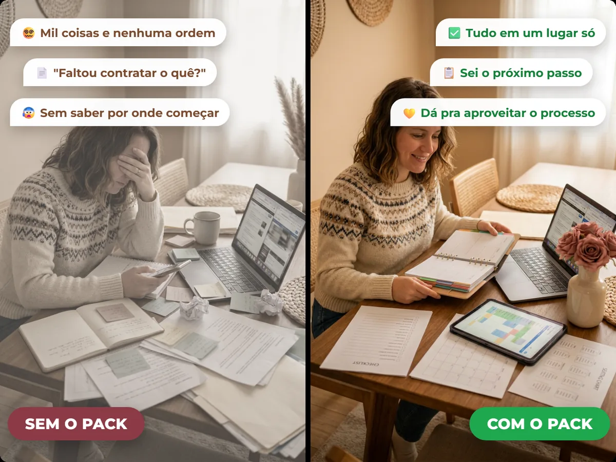 Antes e depois: noiva perdida no planejamento e noiva organizada com o Pack da Noiva Organizada
